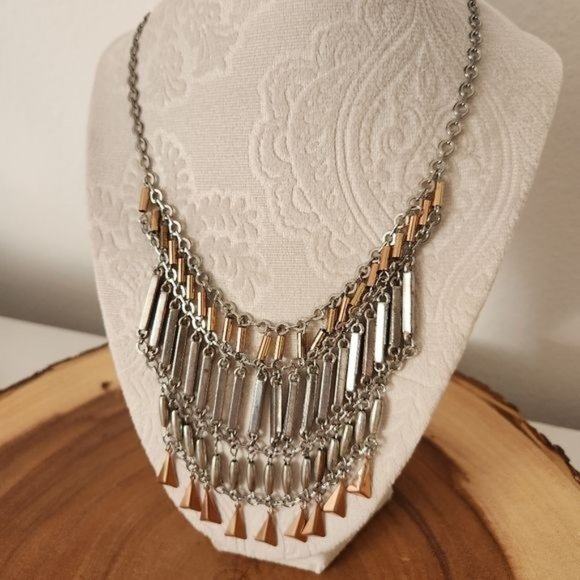 Distressed silver/gold tone Bib Fringe Statement Necklace - Picture 2 of 6